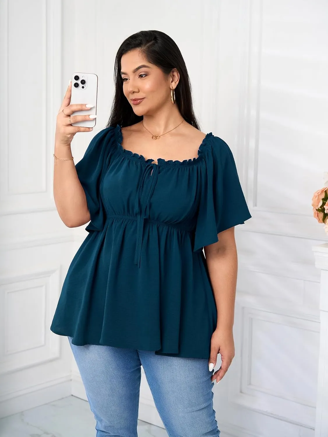 SCOMCHIC Women's Plus Size Blouse Summer Peplum Tops Short Sleeve Square Neck Ruffle Casual Blouses Babydoll Top Shirts