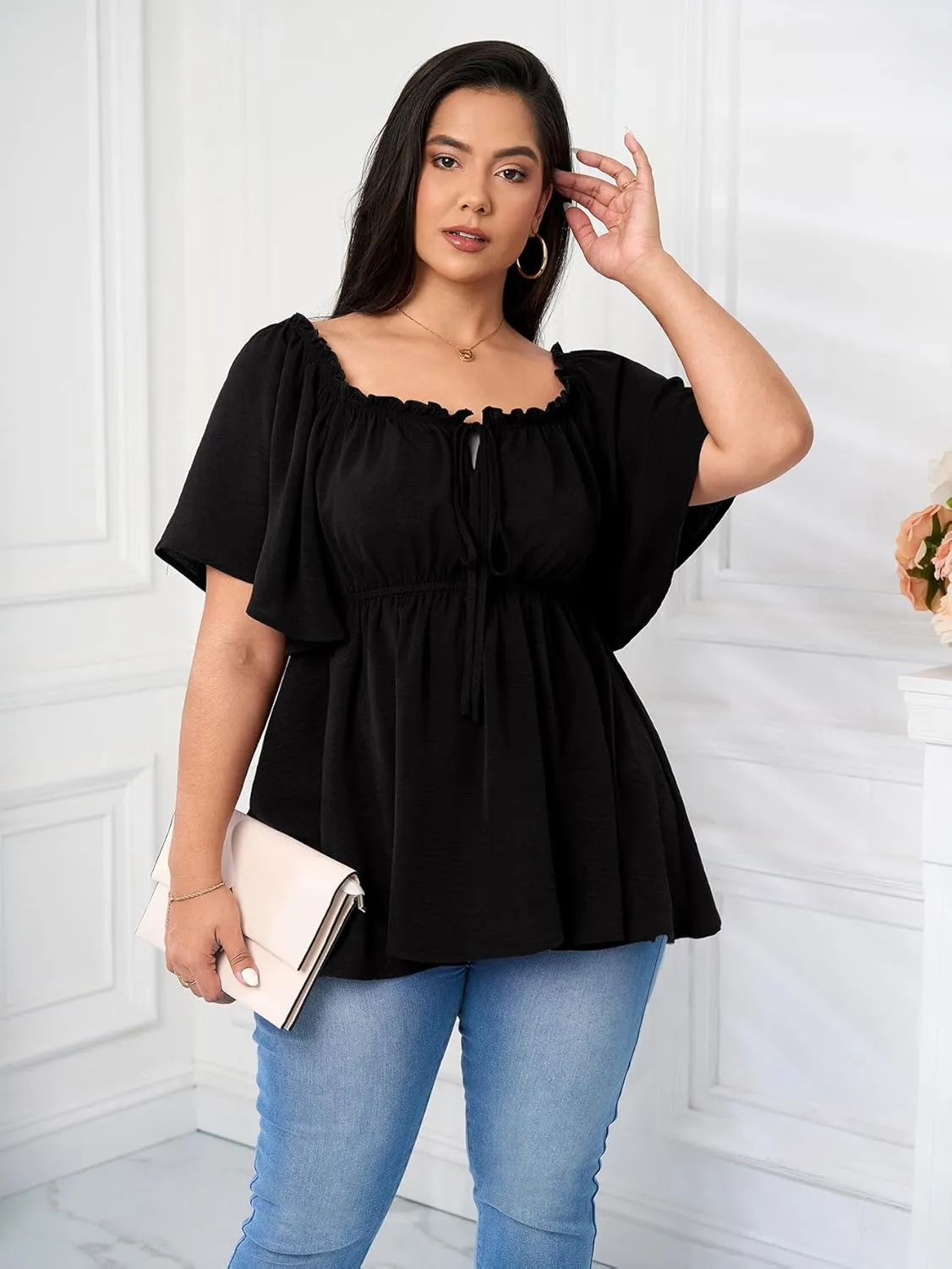 SCOMCHIC Women's Plus Size Blouse Summer Peplum Tops Short Sleeve Square Neck Ruffle Casual Blouses Babydoll Top Shirts