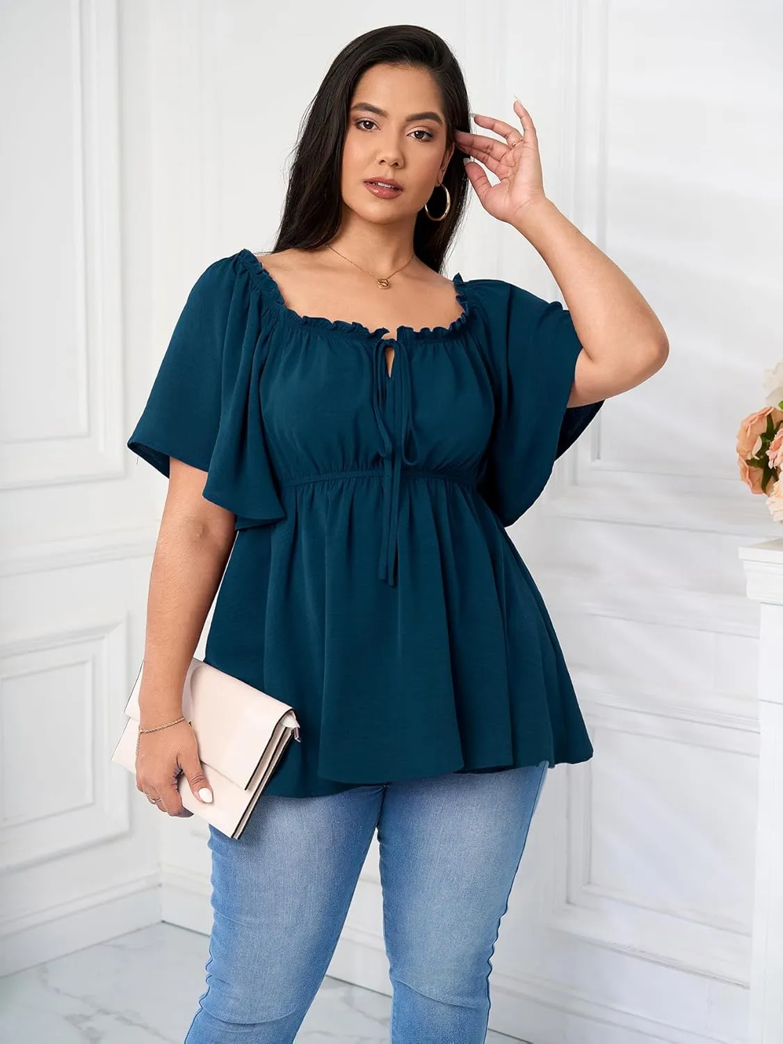 SCOMCHIC Women's Plus Size Blouse Summer Peplum Tops Short Sleeve Square Neck Ruffle Casual Blouses Babydoll Top Shirts