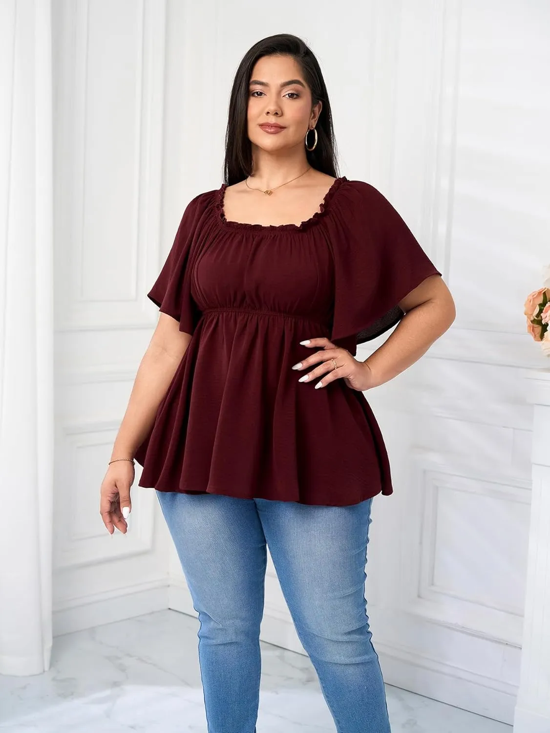 SCOMCHIC Women's Plus Size Blouse Summer Peplum Tops Short Sleeve Square Neck Ruffle Casual Blouses Babydoll Top Shirts