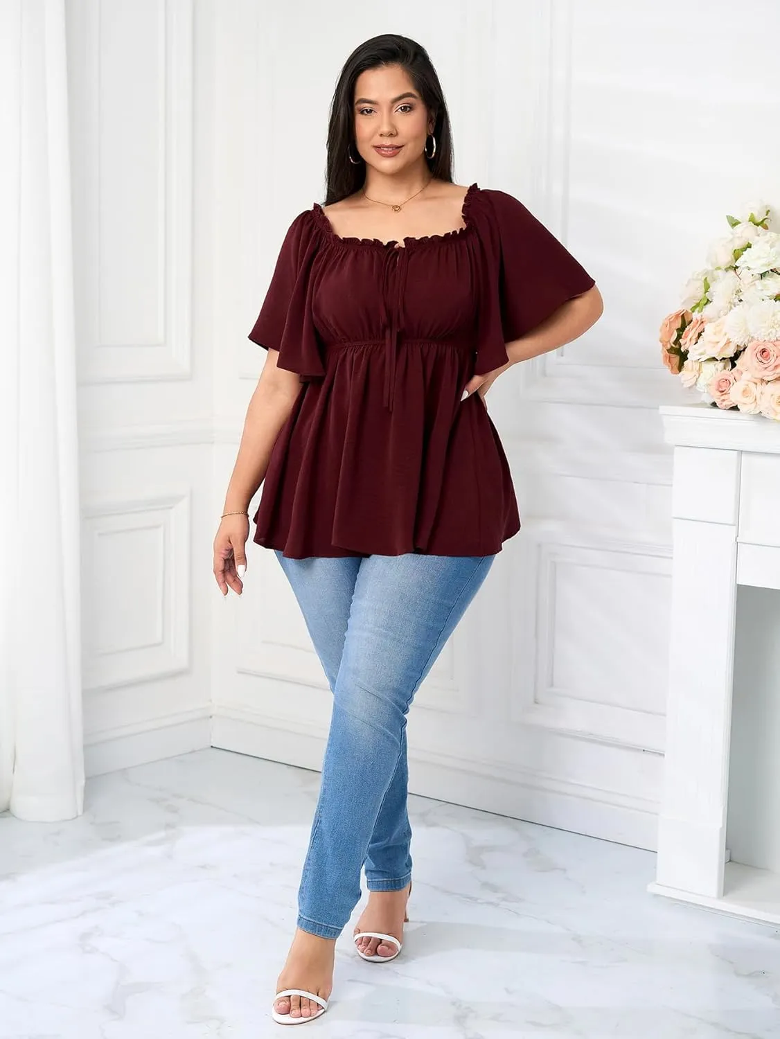 SCOMCHIC Women's Plus Size Blouse Summer Peplum Tops Short Sleeve Square Neck Ruffle Casual Blouses Babydoll Top Shirts