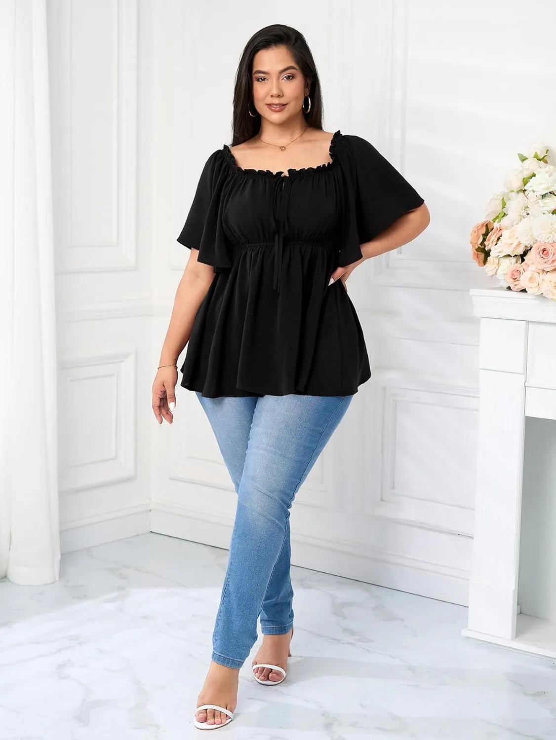 SCOMCHIC Women's Plus Size Blouse Summer Peplum Tops Short Sleeve Square Neck Ruffle Casual Blouses Babydoll Top Shirts