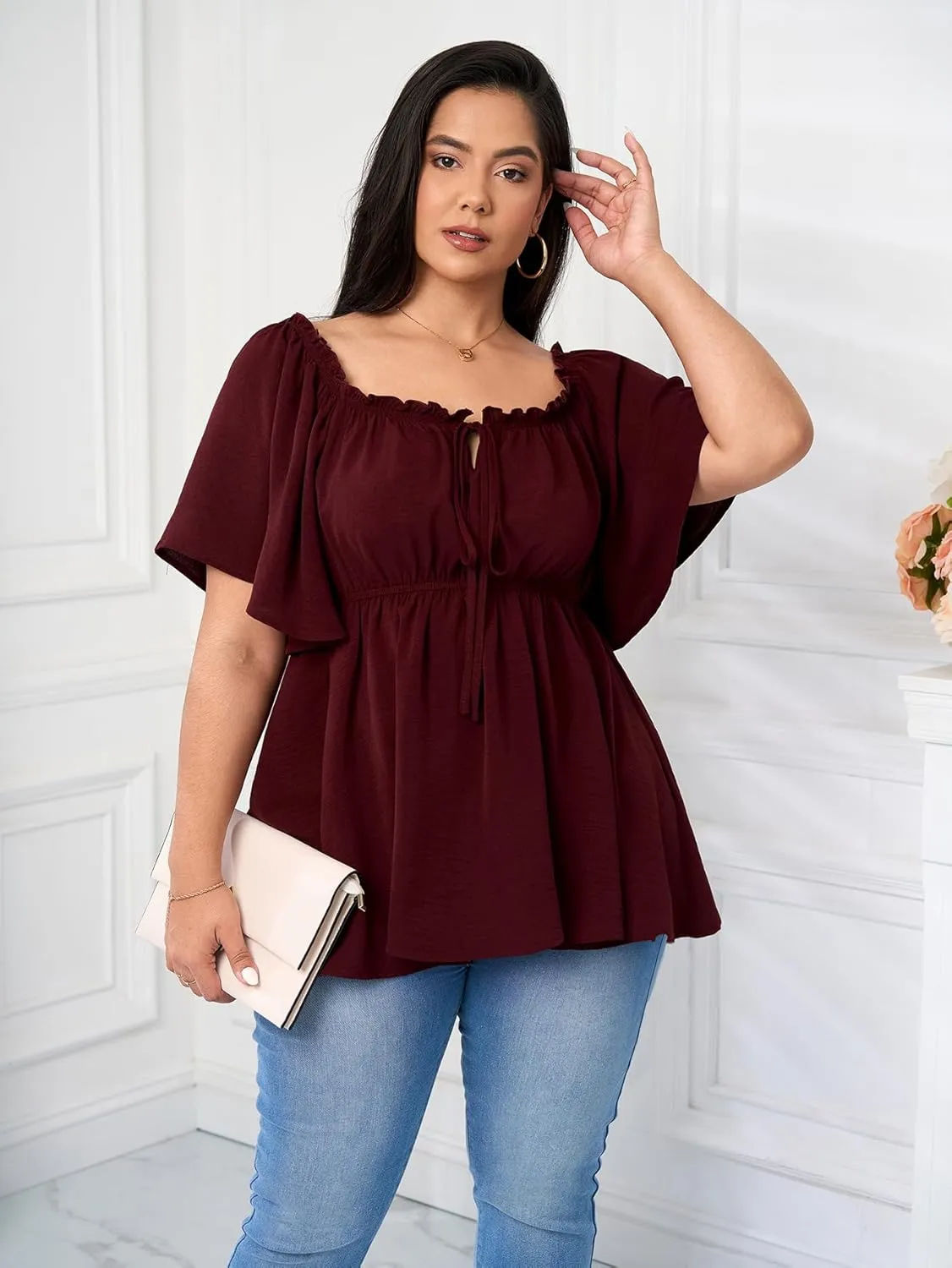 SCOMCHIC Women's Plus Size Blouse Summer Peplum Tops Short Sleeve Square Neck Ruffle Casual Blouses Babydoll Top Shirts