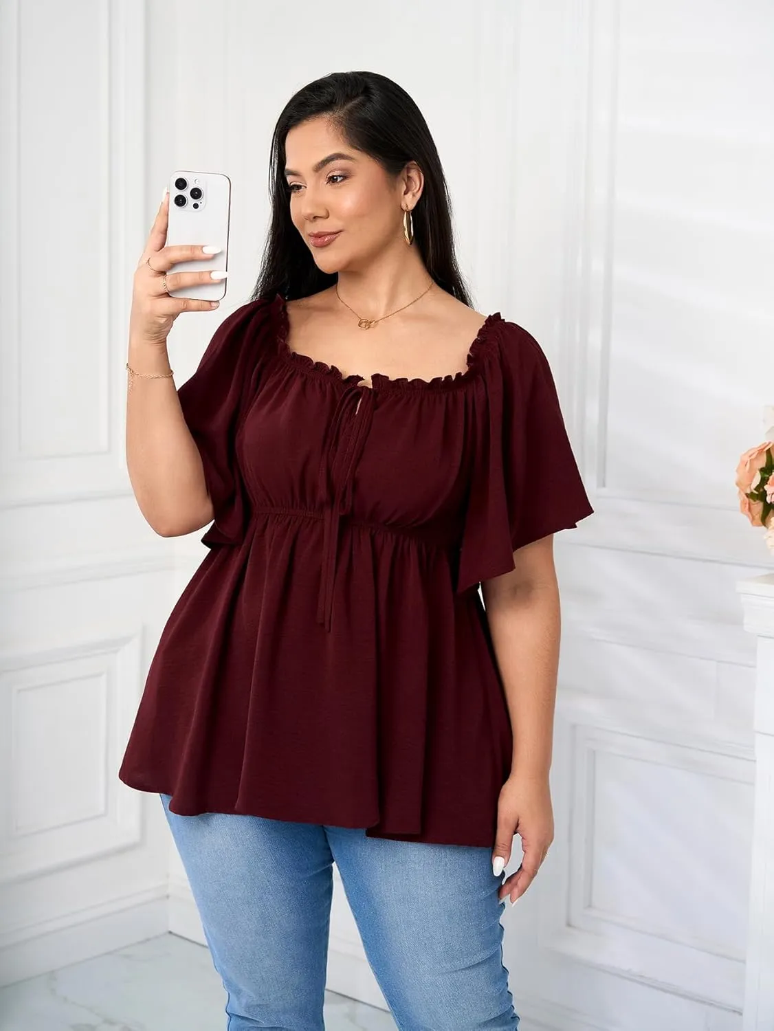 SCOMCHIC Women's Plus Size Blouse Summer Peplum Tops Short Sleeve Square Neck Ruffle Casual Blouses Babydoll Top Shirts