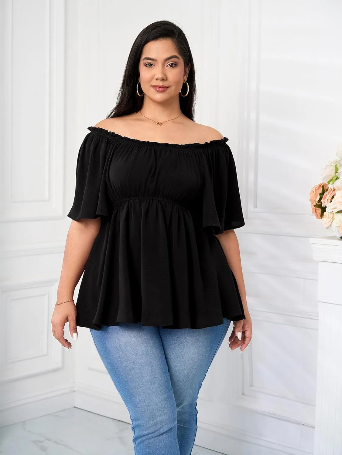 SCOMCHIC Women's Plus Size Blouse Summer Peplum Tops Short Sleeve Square Neck Ruffle Casual Blouses Babydoll Top Shirts