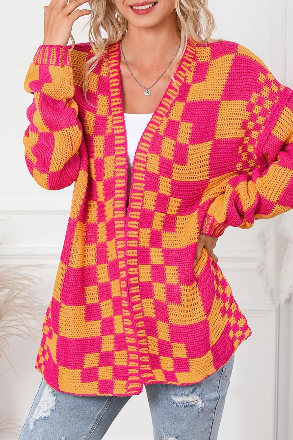 SELINK Women's Cardigan Sweater Vintage Open Front Mixed Checkered Pattern Chunky Knit Plaid Long Sleeve Daily Outwear