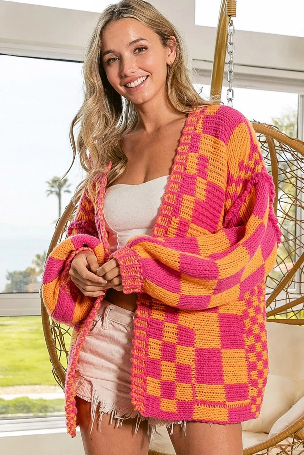 SELINK Women's Cardigan Sweater Vintage Open Front Mixed Checkered Pattern Chunky Knit Plaid Long Sleeve Daily Outwear