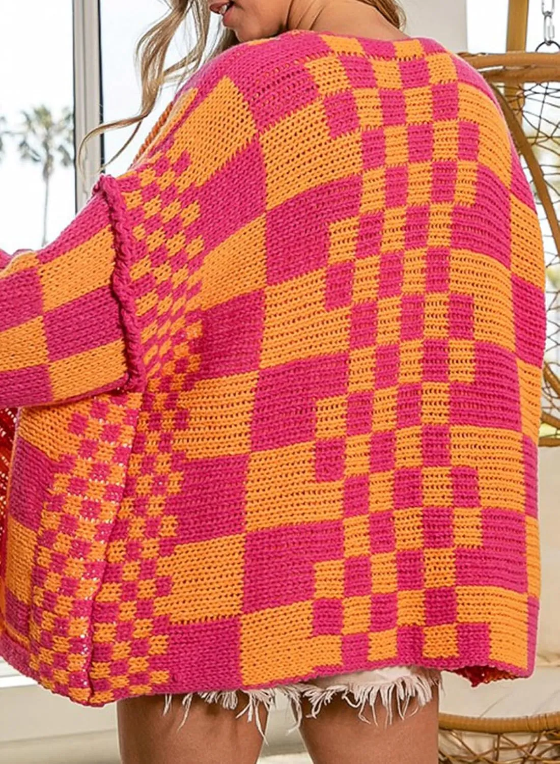 SELINK Women's Cardigan Sweater Vintage Open Front Mixed Checkered Pattern Chunky Knit Plaid Long Sleeve Daily Outwear