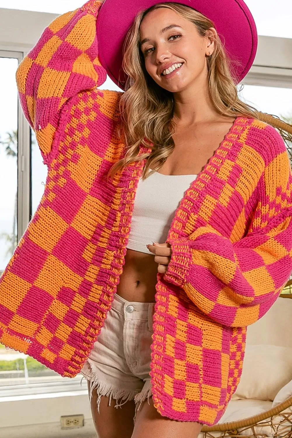 SELINK Women's Cardigan Sweater Vintage Open Front Mixed Checkered Pattern Chunky Knit Plaid Long Sleeve Daily Outwear