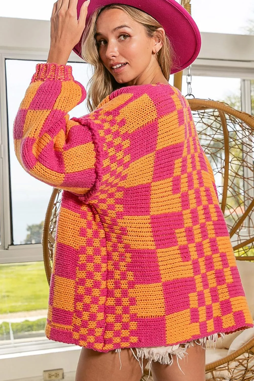 SELINK Women's Cardigan Sweater Vintage Open Front Mixed Checkered Pattern Chunky Knit Plaid Long Sleeve Daily Outwear