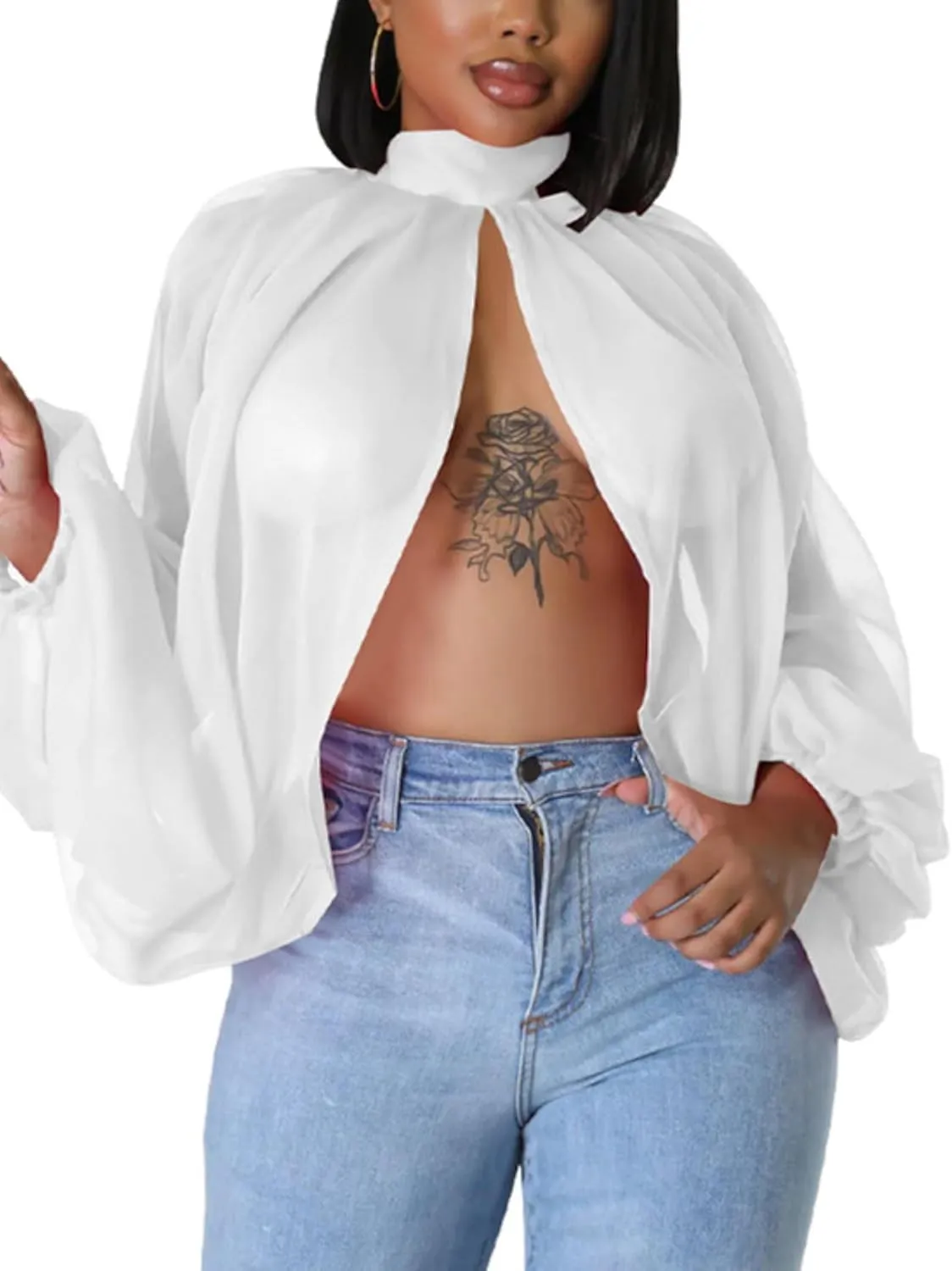 Sexy Tops for Women Party Club Night Batwing Sleeve Chiffon Sheer Self Tie Back Front Open Women Shirts Casual Summer