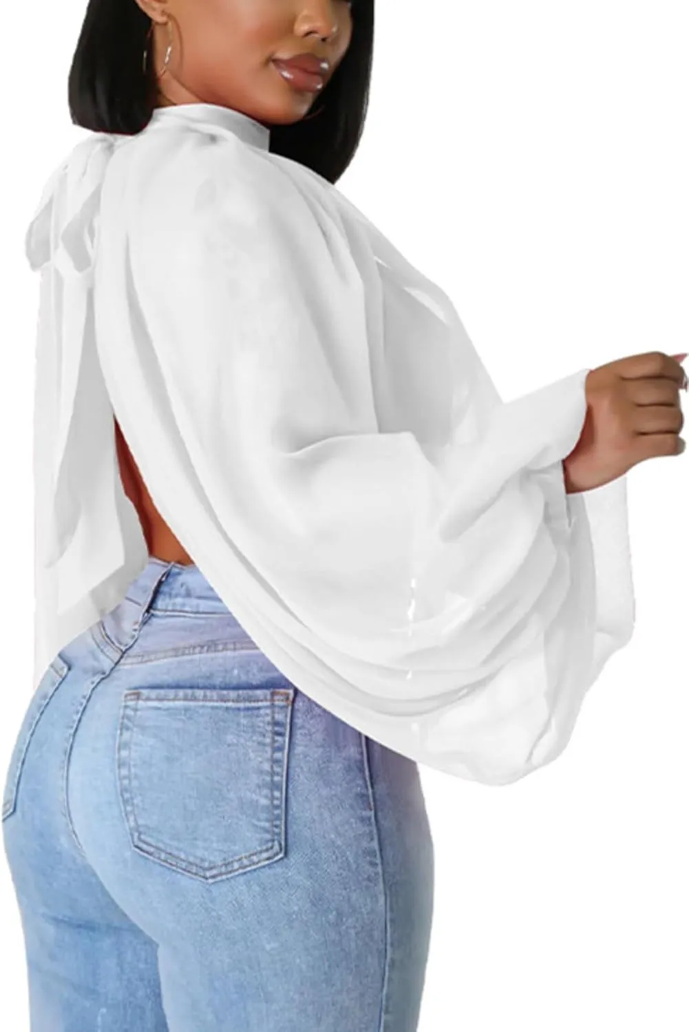 Sexy Tops for Women Party Club Night Batwing Sleeve Chiffon Sheer Self Tie Back Front Open Women Shirts Casual Summer