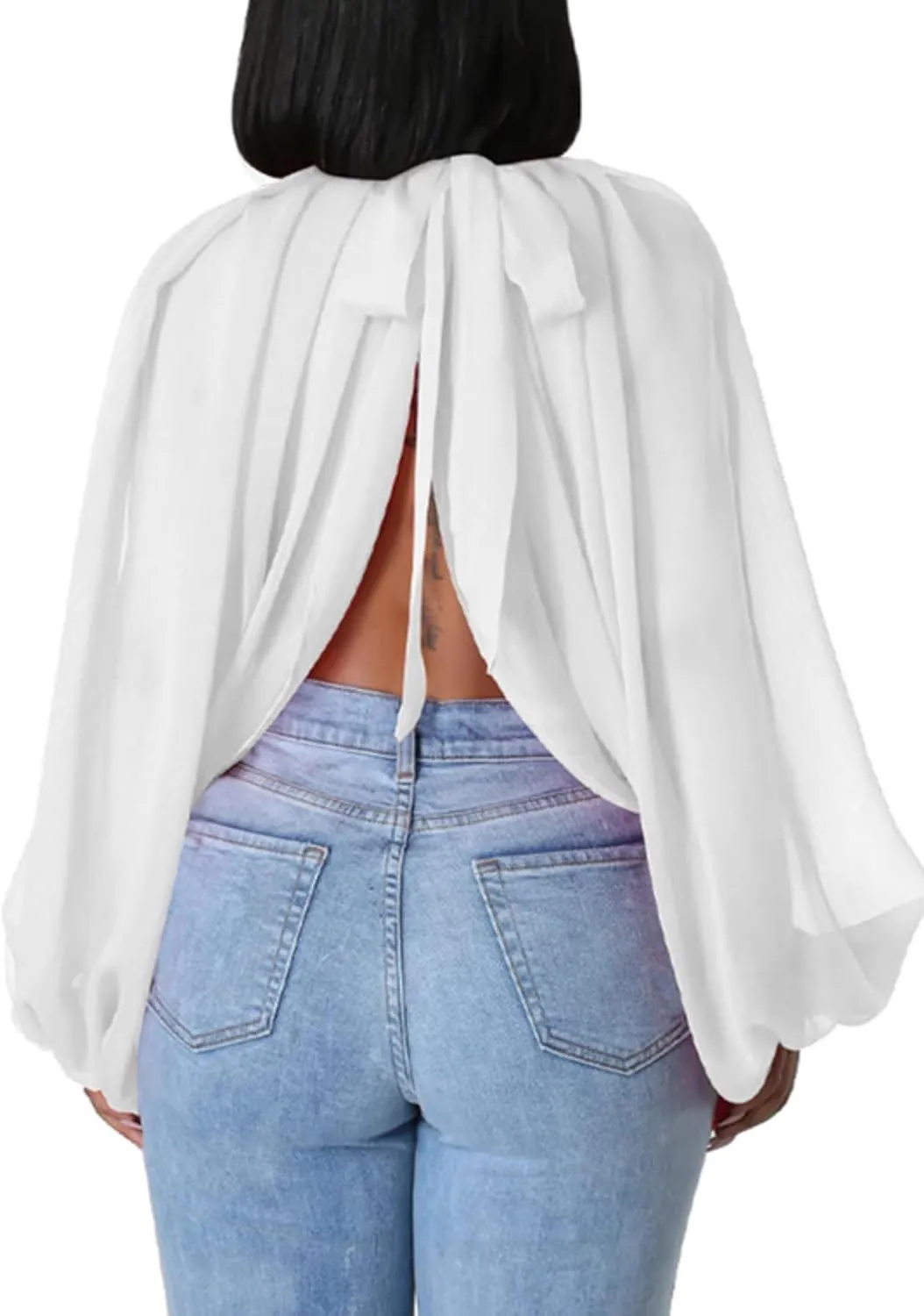 Sexy Tops for Women Party Club Night Batwing Sleeve Chiffon Sheer Self Tie Back Front Open Women Shirts Casual Summer