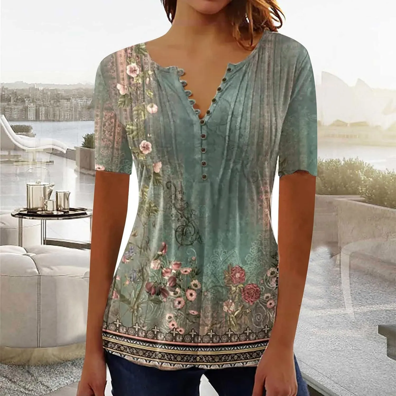 SHAOBGE Summer Tops for Women 2025 Trendy Boho Floral Print Tunic Shirt Short Sleeve Button v Neck Tshirt Casual Loose Blouse