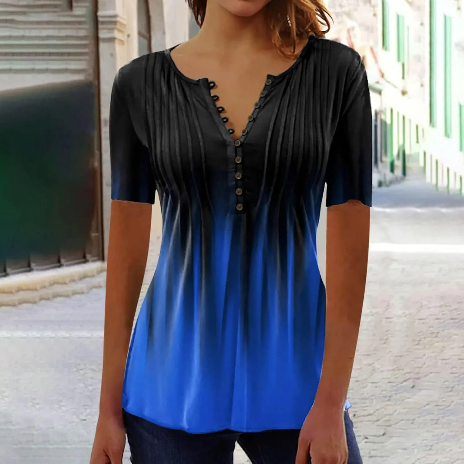 SHAOBGE Summer Tops for Women 2025 Trendy Boho Floral Print Tunic Shirt Short Sleeve Button v Neck Tshirt Casual Loose Blouse