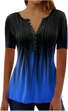 SHAOBGE Summer Tops for Women 2025 Trendy Boho Floral Print Tunic Shirt Short Sleeve Button v Neck Tshirt Casual Loose Blouse