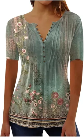 SHAOBGE Summer Tops for Women 2025 Trendy Boho Floral Print Tunic Shirt Short Sleeve Button v Neck Tshirt Casual Loose Blouse