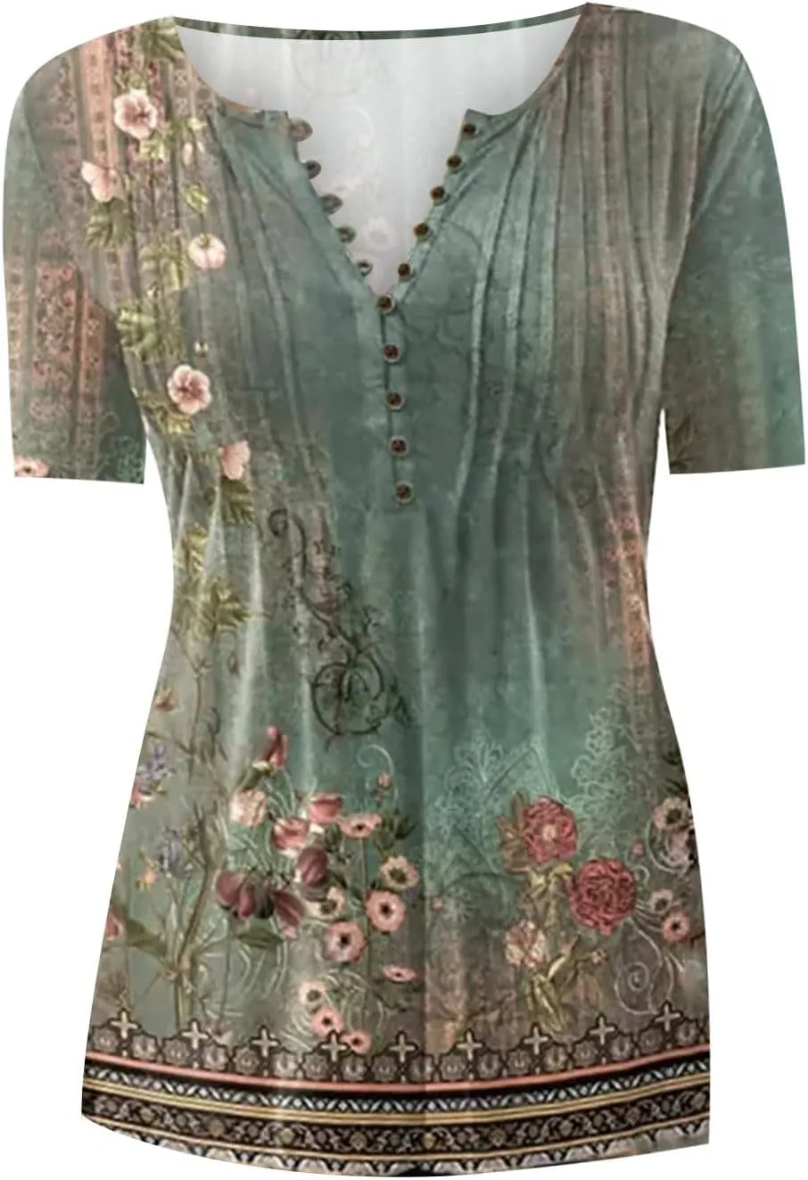 SHAOBGE Summer Tops for Women 2025 Trendy Boho Floral Print Tunic Shirt Short Sleeve Button v Neck Tshirt Casual Loose Blouse