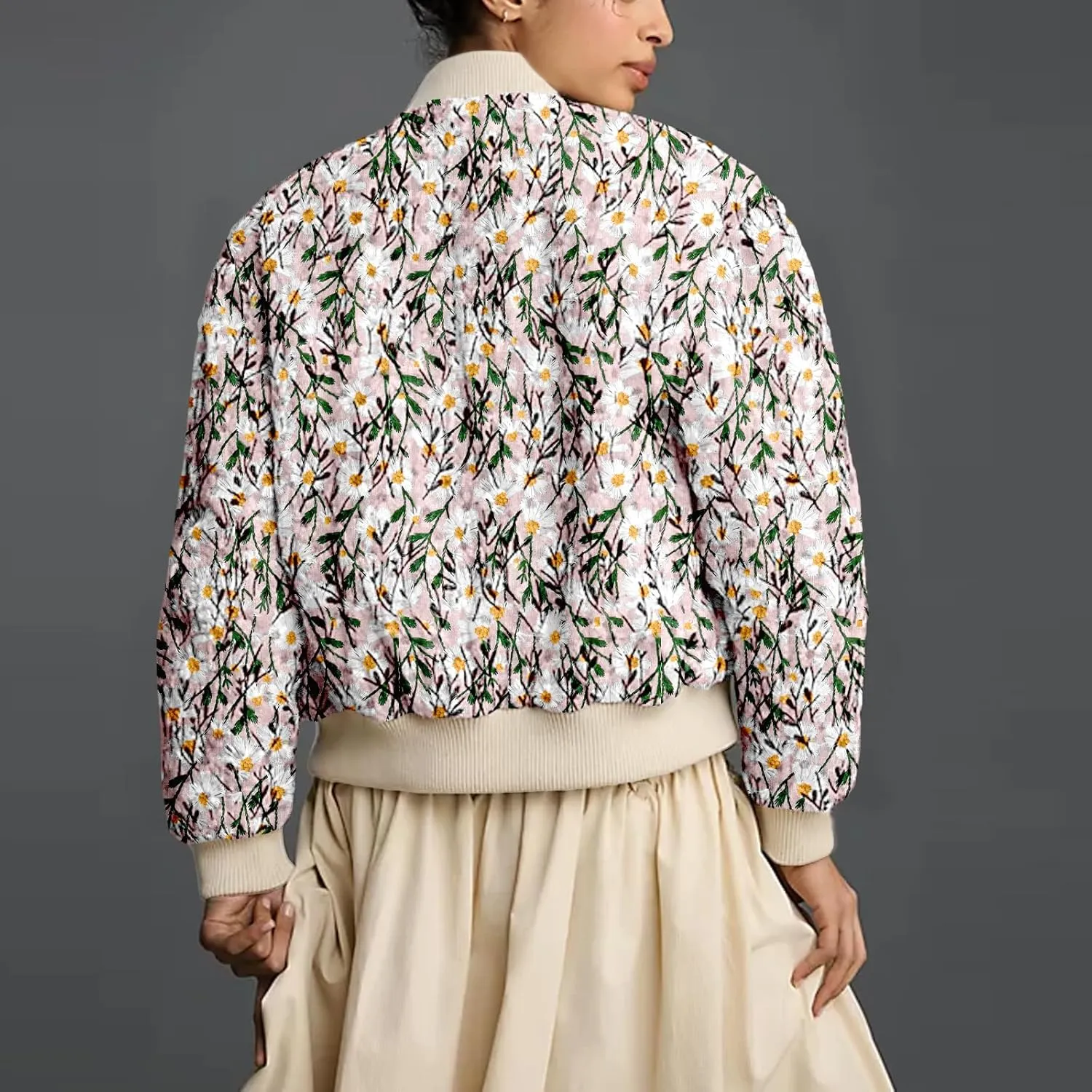 Shiyifa Women's Embroidered Daisy Cropped Bomber Jacket Long Sleeve Quilted Puffer Jackets Padded Coat Outerwear