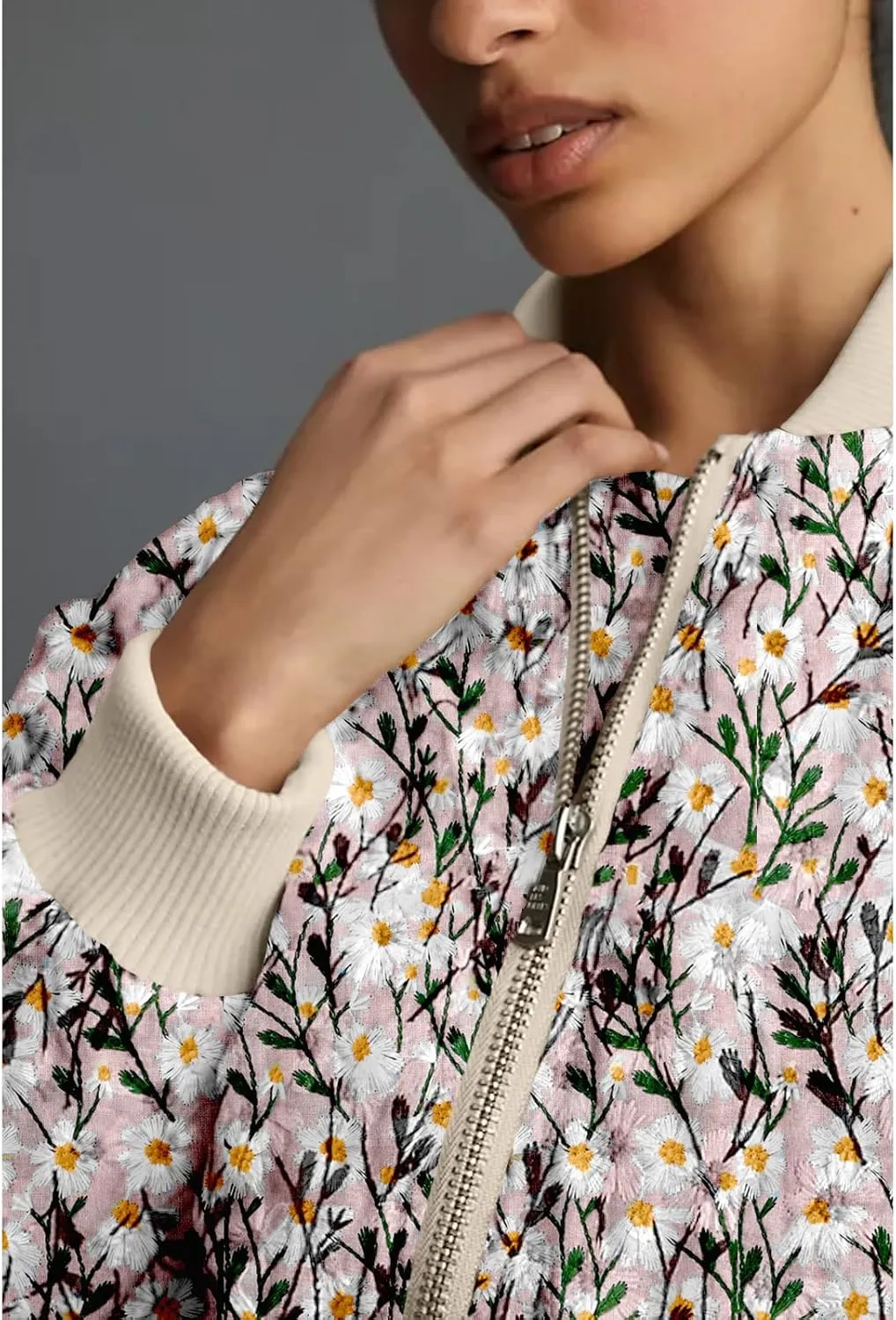 Shiyifa Women's Embroidered Daisy Cropped Bomber Jacket Long Sleeve Quilted Puffer Jackets Padded Coat Outerwear