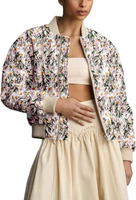 Shiyifa Women's Embroidered Daisy Cropped Bomber Jacket Long Sleeve Quilted Puffer Jackets Padded Coat Outerwear