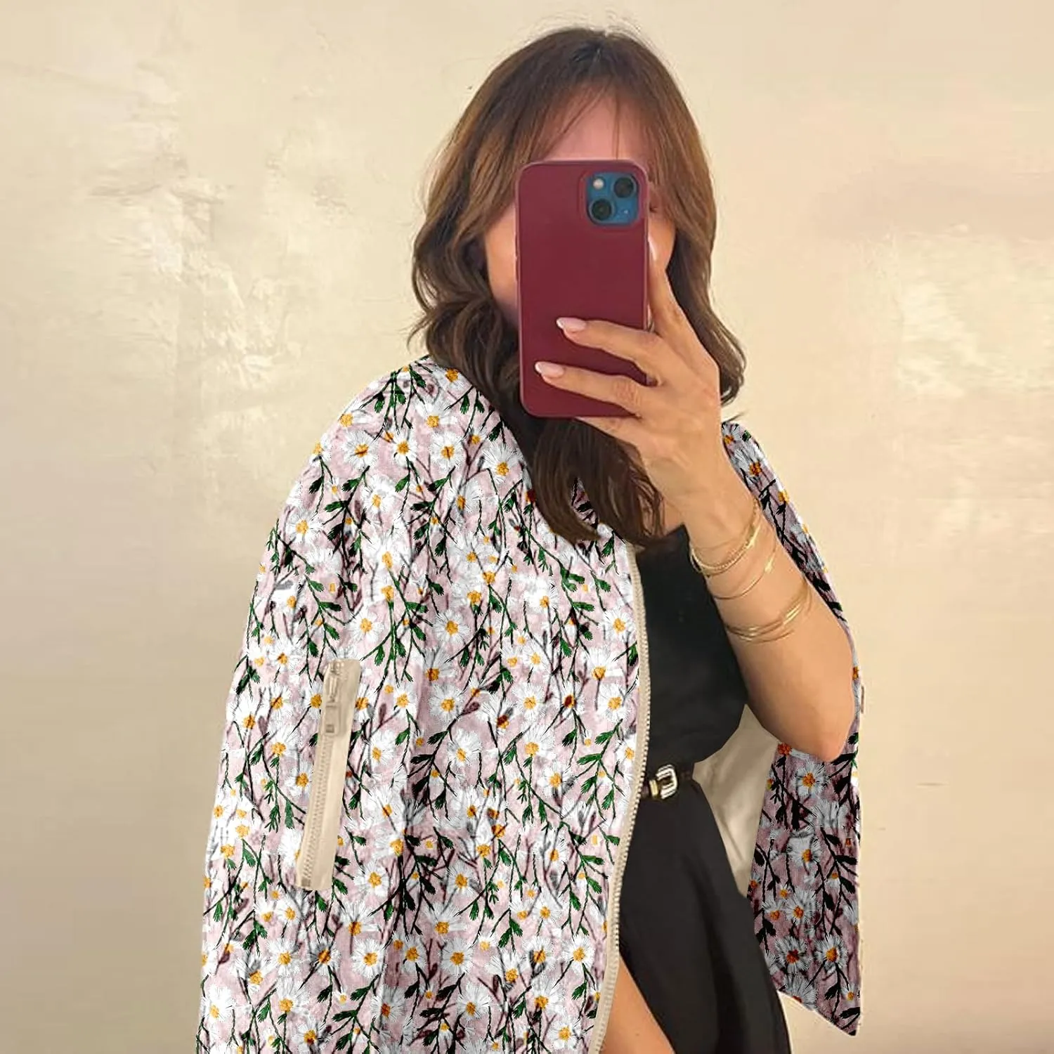 Shiyifa Women's Embroidered Daisy Cropped Bomber Jacket Long Sleeve Quilted Puffer Jackets Padded Coat Outerwear