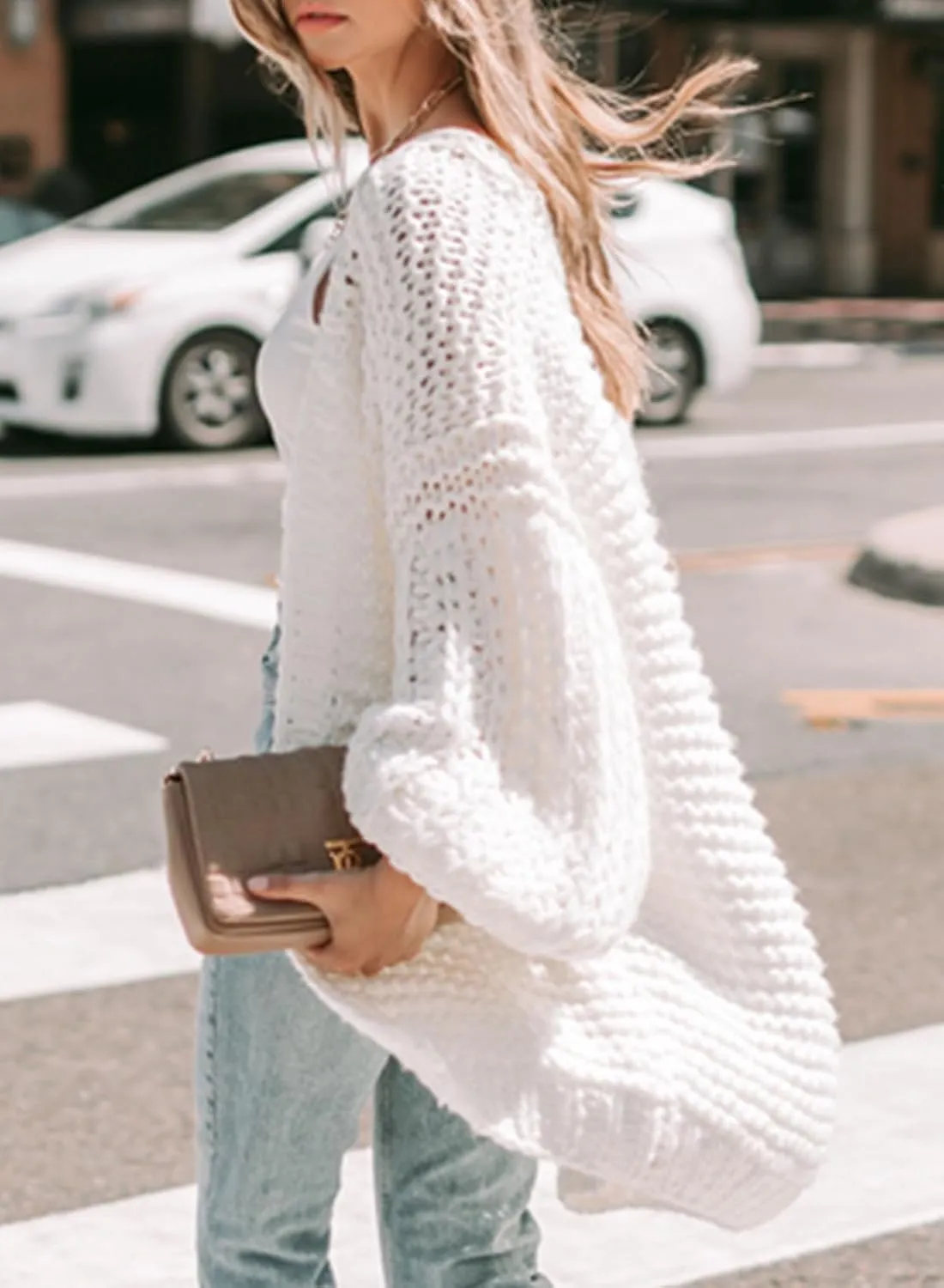 Sidefeel Cardigan for Women Trendy 2024 Open Front Sweater Oversized Lantern Sleeve Chunky Knitted Outwear
