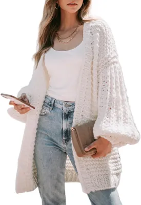 Sidefeel Cardigan for Women Trendy 2024 Open Front Sweater Oversized Lantern Sleeve Chunky Knitted Outwear