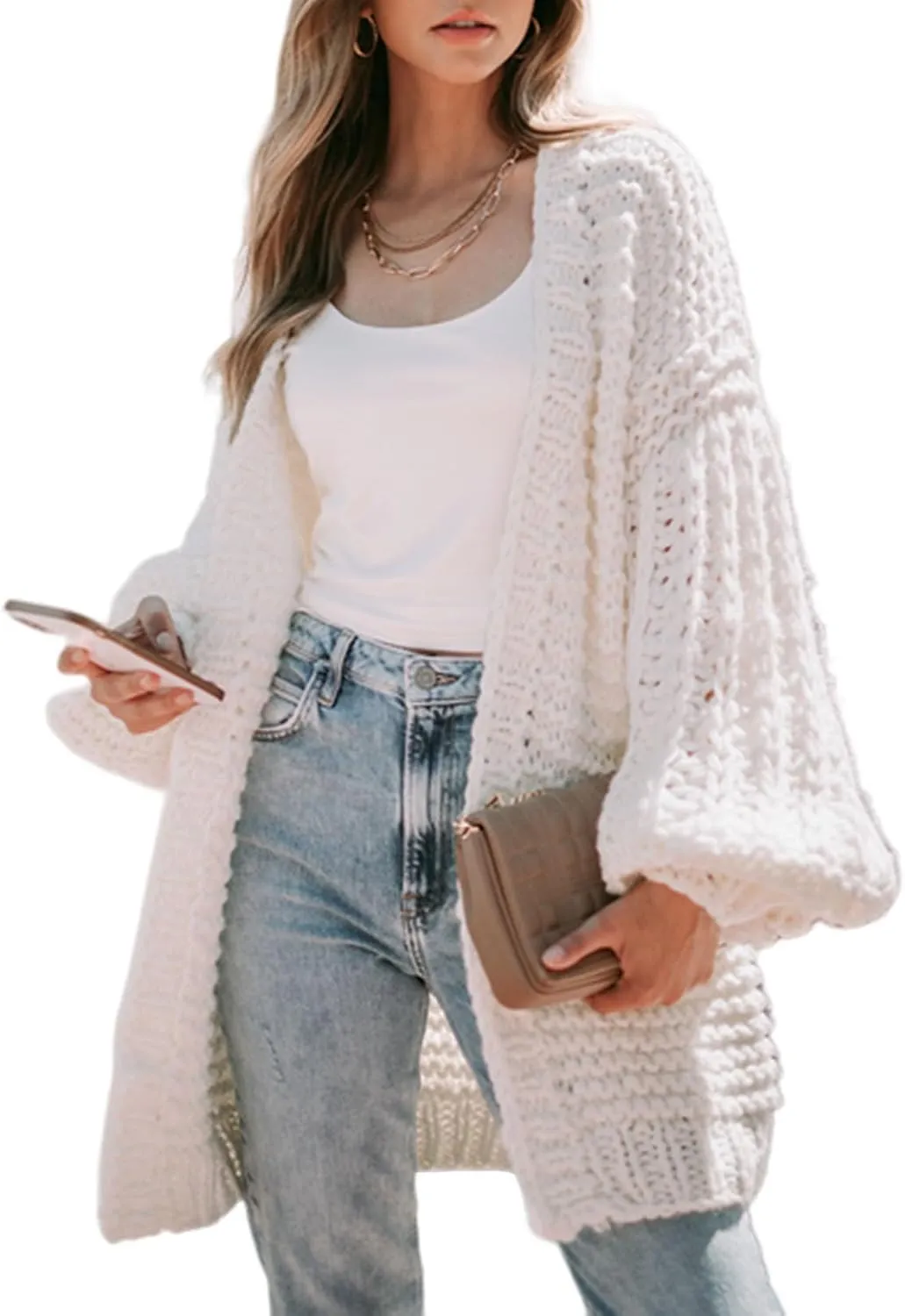 Sidefeel Cardigan for Women Trendy 2024 Open Front Sweater Oversized Lantern Sleeve Chunky Knitted Outwear