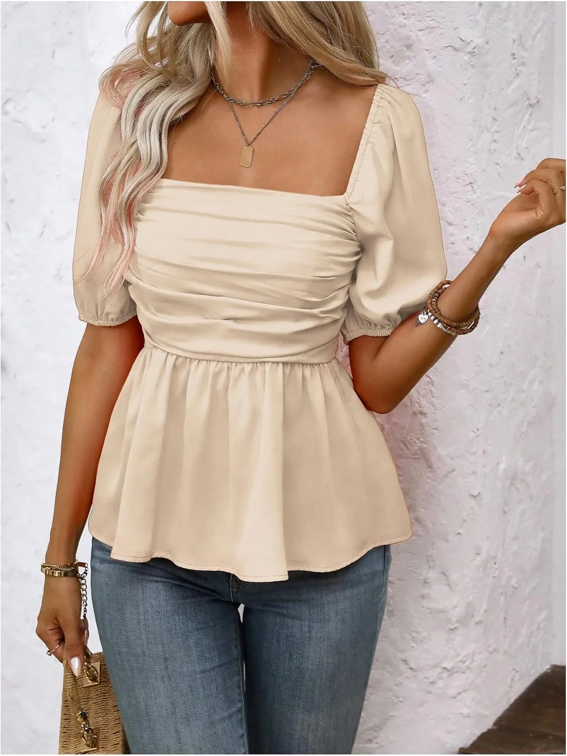 SOLY HUX Women's Blouse Puff Short Sleeve Square Neck Ruched Shirred Ruffle Summer Dressy Casual Tops