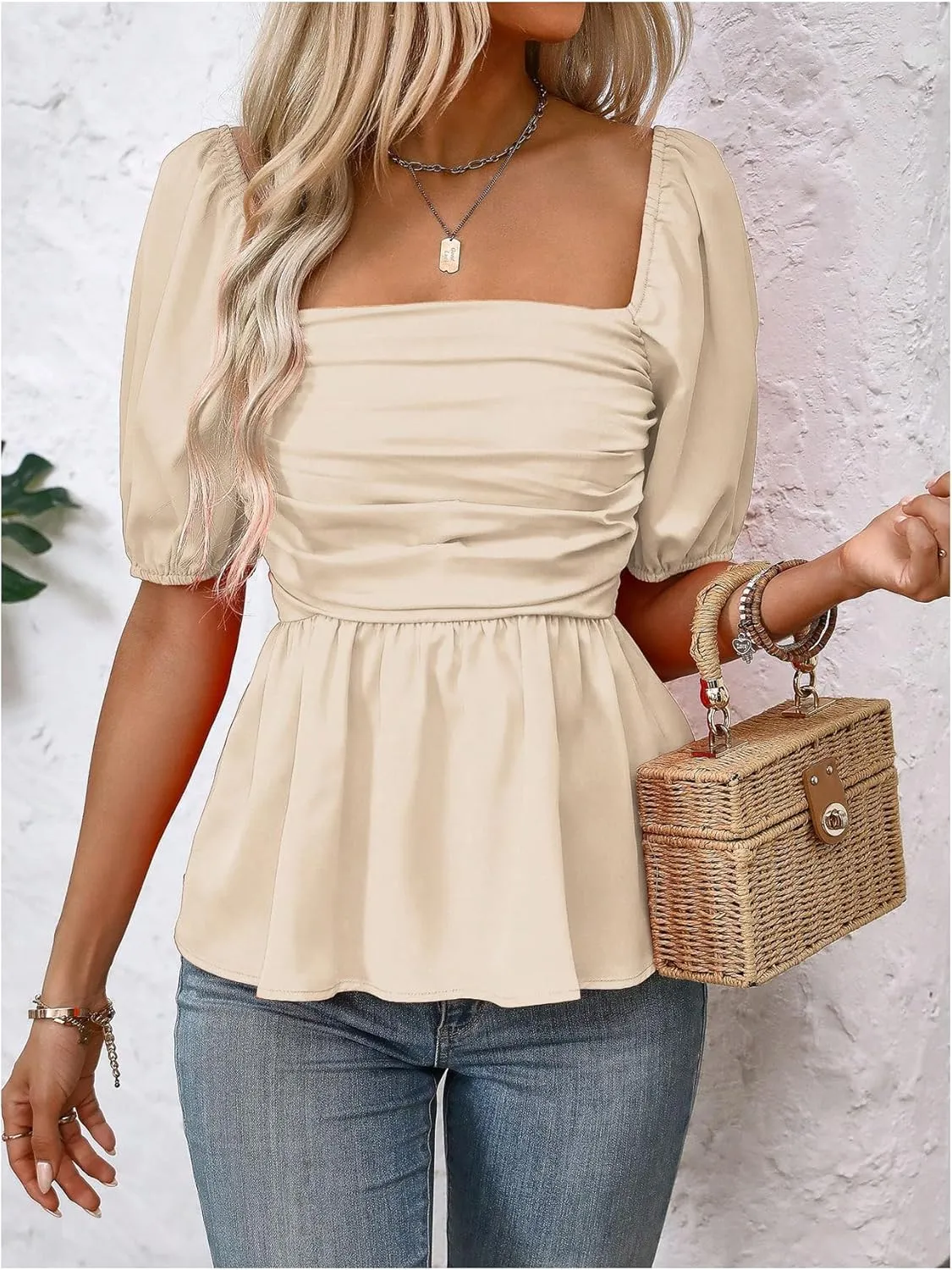 SOLY HUX Women's Blouse Puff Short Sleeve Square Neck Ruched Shirred Ruffle Summer Dressy Casual Tops