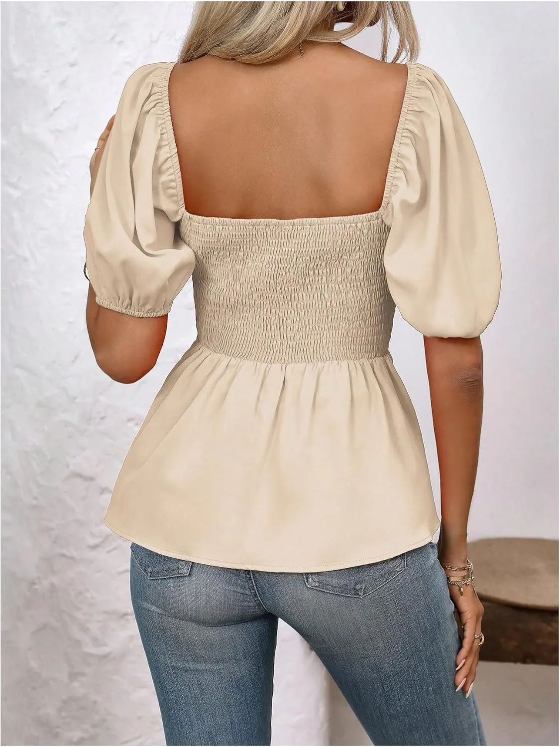 SOLY HUX Women's Blouse Puff Short Sleeve Square Neck Ruched Shirred Ruffle Summer Dressy Casual Tops