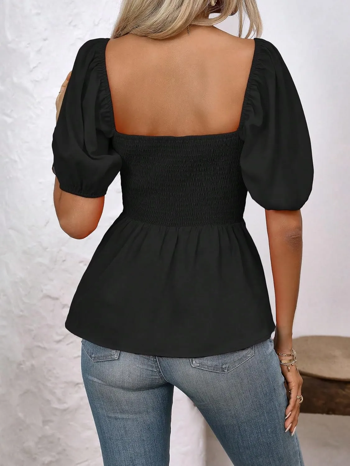 SOLY HUX Women's Blouse Puff Short Sleeve Square Neck Ruched Shirred Ruffle Summer Dressy Casual Tops