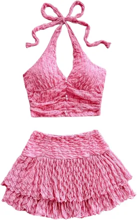SOLY HUX Women's Summer 2 Piece Set Halter Neck Crop Top and Flowy Mini Skirts Beach Vacation Outfits