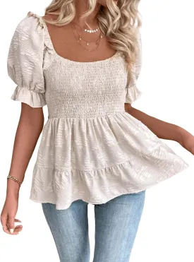SOLY HUX Women's Summer Peplum Tops Square Neck Ruffle Short Sleeve Blouse Casual Shirred Shirts