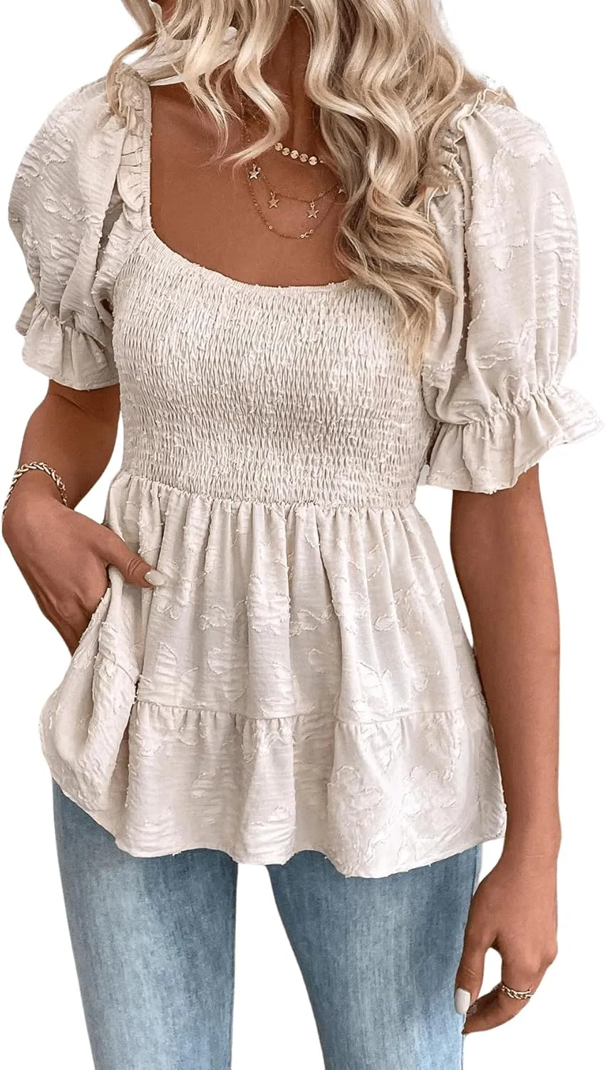 SOLY HUX Women's Summer Peplum Tops Square Neck Ruffle Short Sleeve Blouse Casual Shirred Shirts
