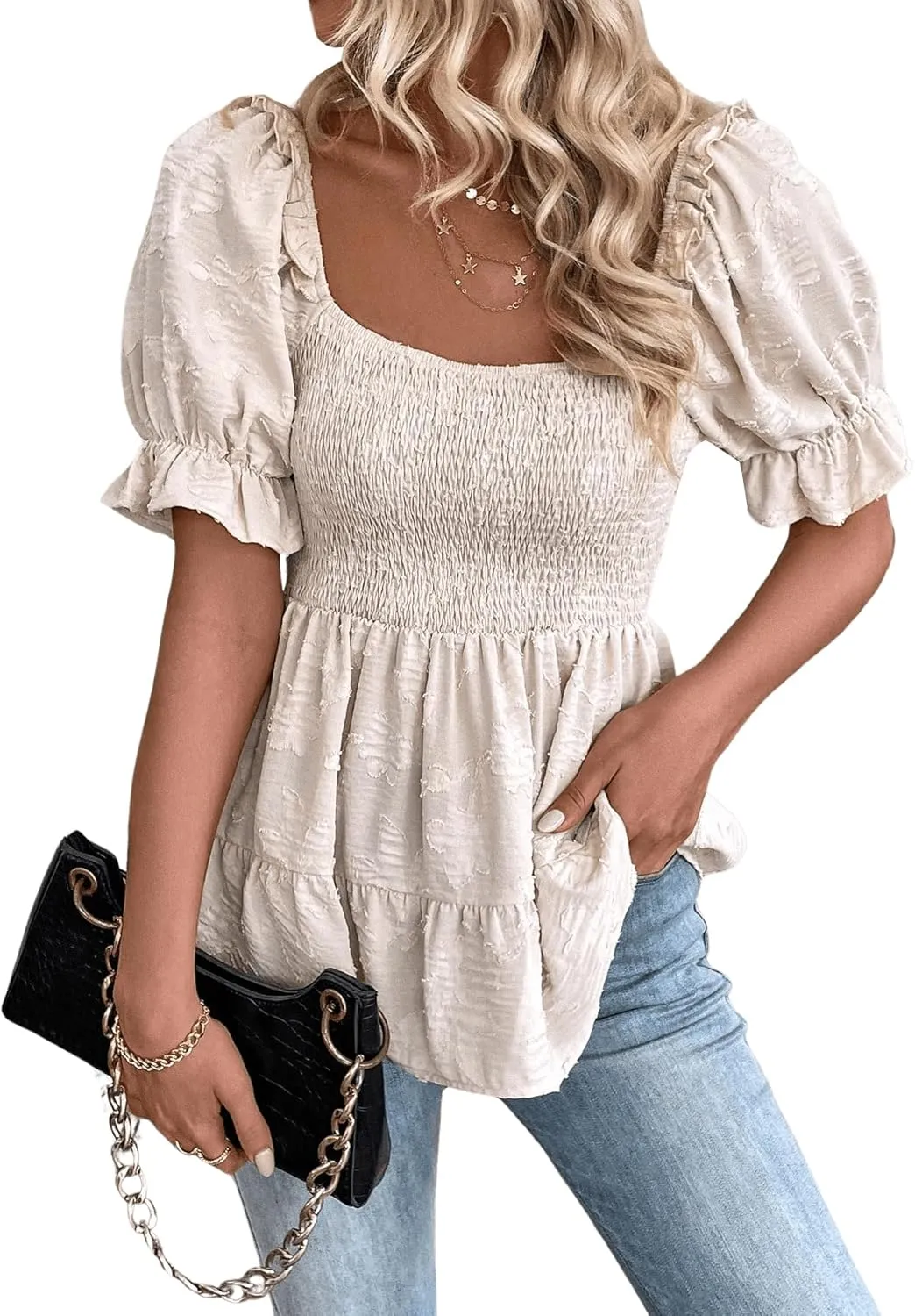 SOLY HUX Women's Summer Peplum Tops Square Neck Ruffle Short Sleeve Blouse Casual Shirred Shirts
