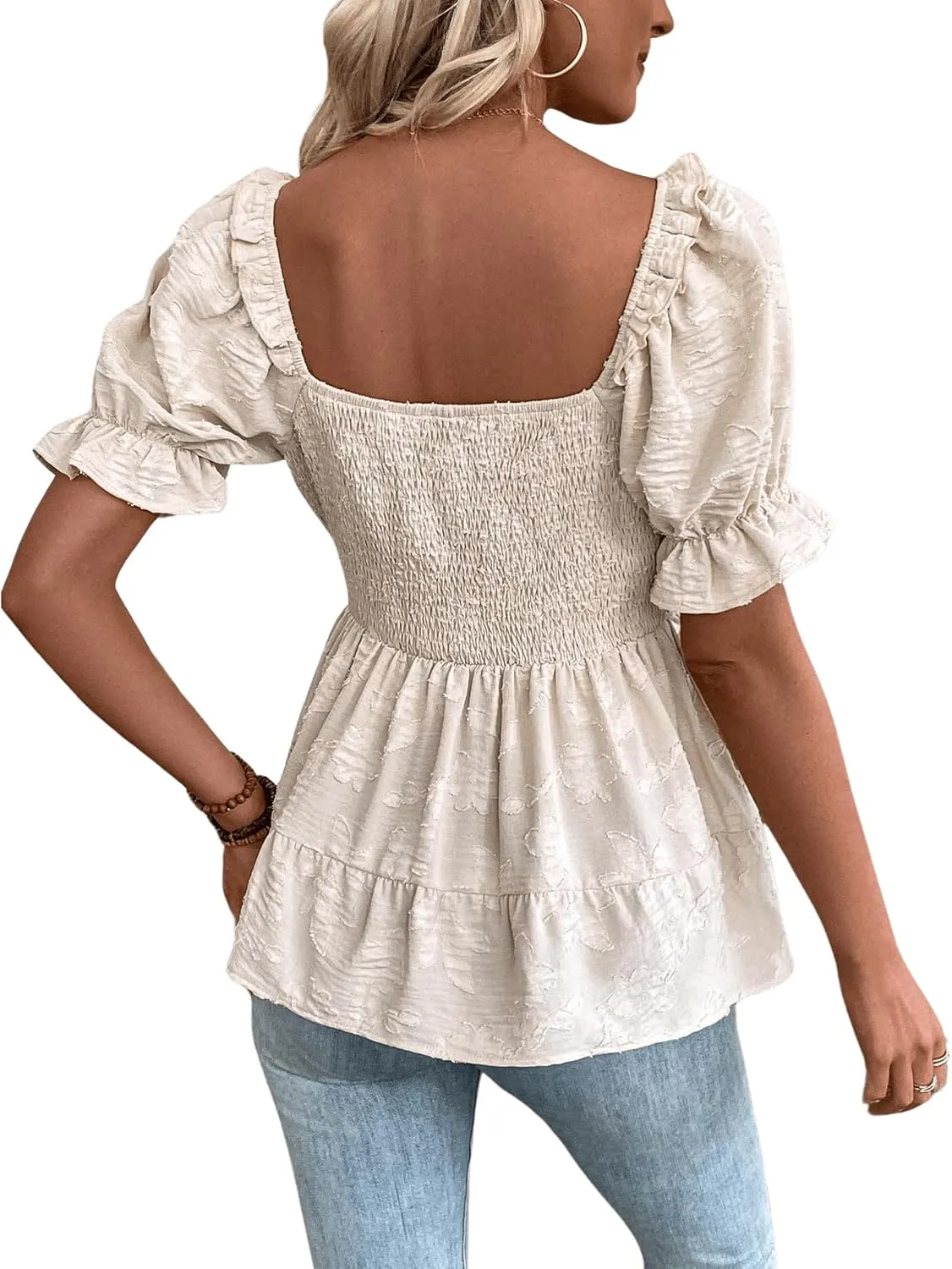 SOLY HUX Women's Summer Peplum Tops Square Neck Ruffle Short Sleeve Blouse Casual Shirred Shirts