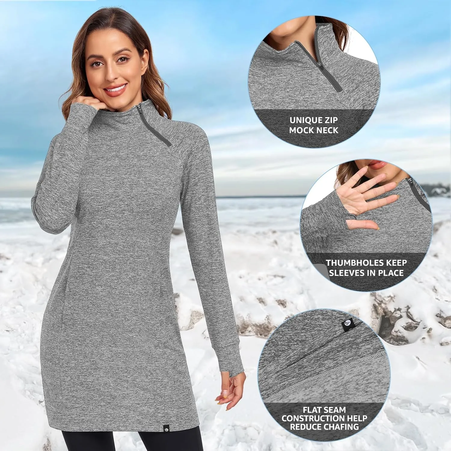 Soneven Women's Fleece Dress Running Thermal Sweatshirts Dresses Winter Skiing Athletic Pullover with Thumb Holes and Pockets