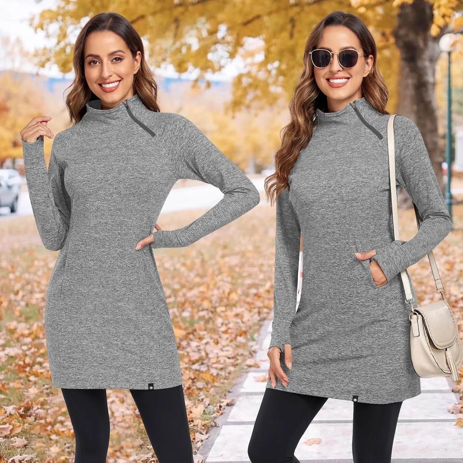 Soneven Women's Fleece Dress Running Thermal Sweatshirts Dresses Winter Skiing Athletic Pullover with Thumb Holes and Pockets