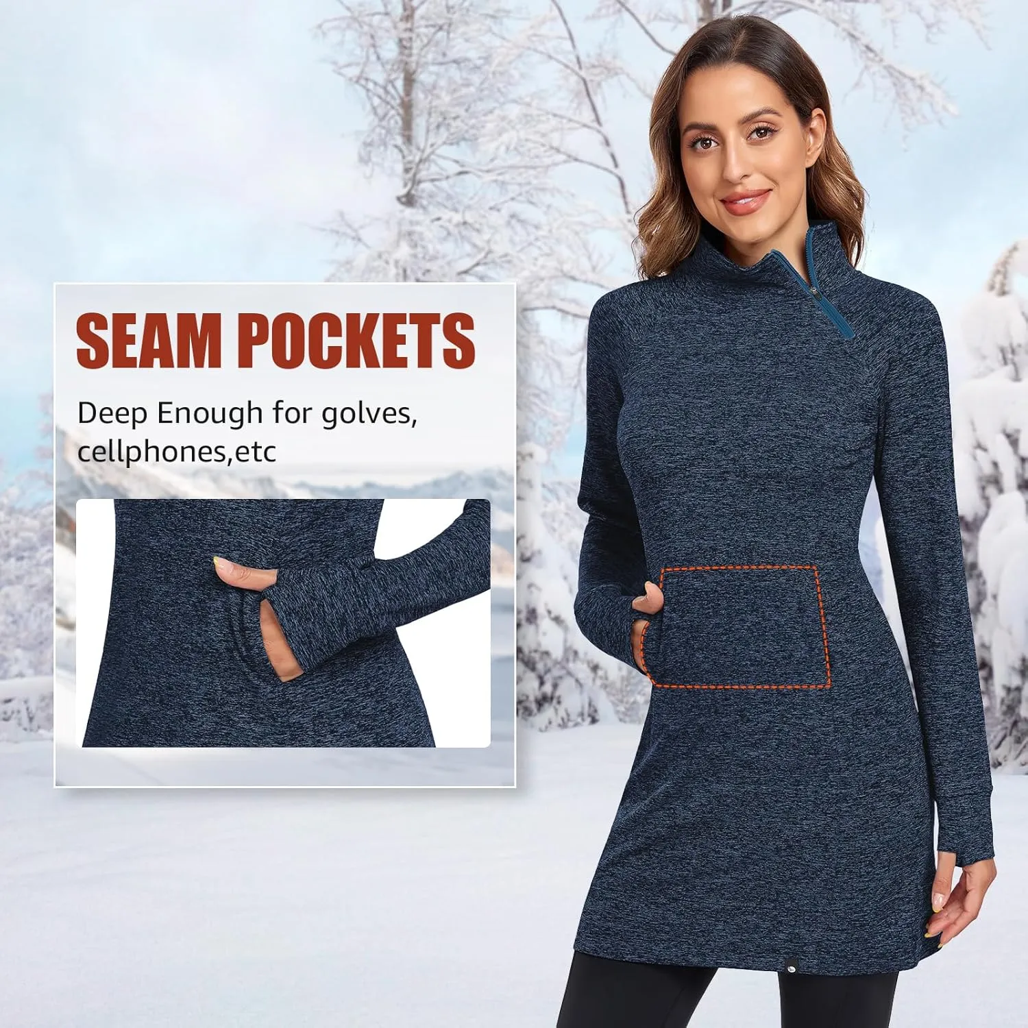 Soneven Women's Fleece Dress Running Thermal Sweatshirts Dresses Winter Skiing Athletic Pullover with Thumb Holes and Pockets