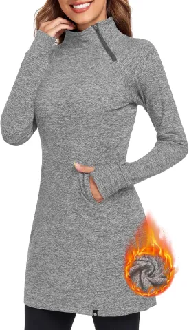Soneven Women's Fleece Dress Running Thermal Sweatshirts Dresses Winter Skiing Athletic Pullover with Thumb Holes and Pockets