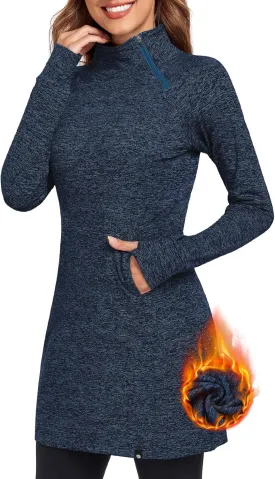 Soneven Women's Fleece Dress Running Thermal Sweatshirts Dresses Winter Skiing Athletic Pullover with Thumb Holes and Pockets