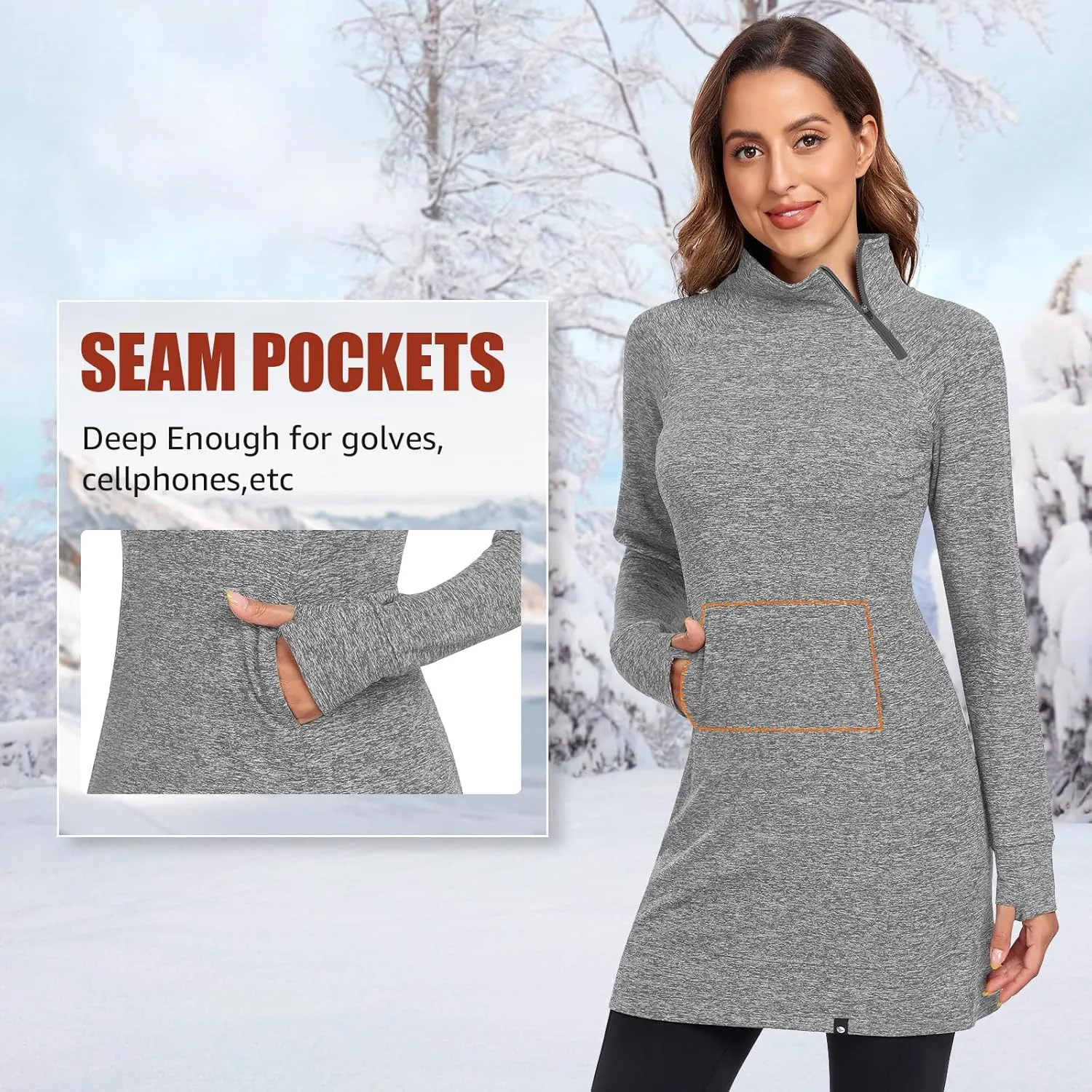 Soneven Women's Fleece Dress Running Thermal Sweatshirts Dresses Winter Skiing Athletic Pullover with Thumb Holes and Pockets
