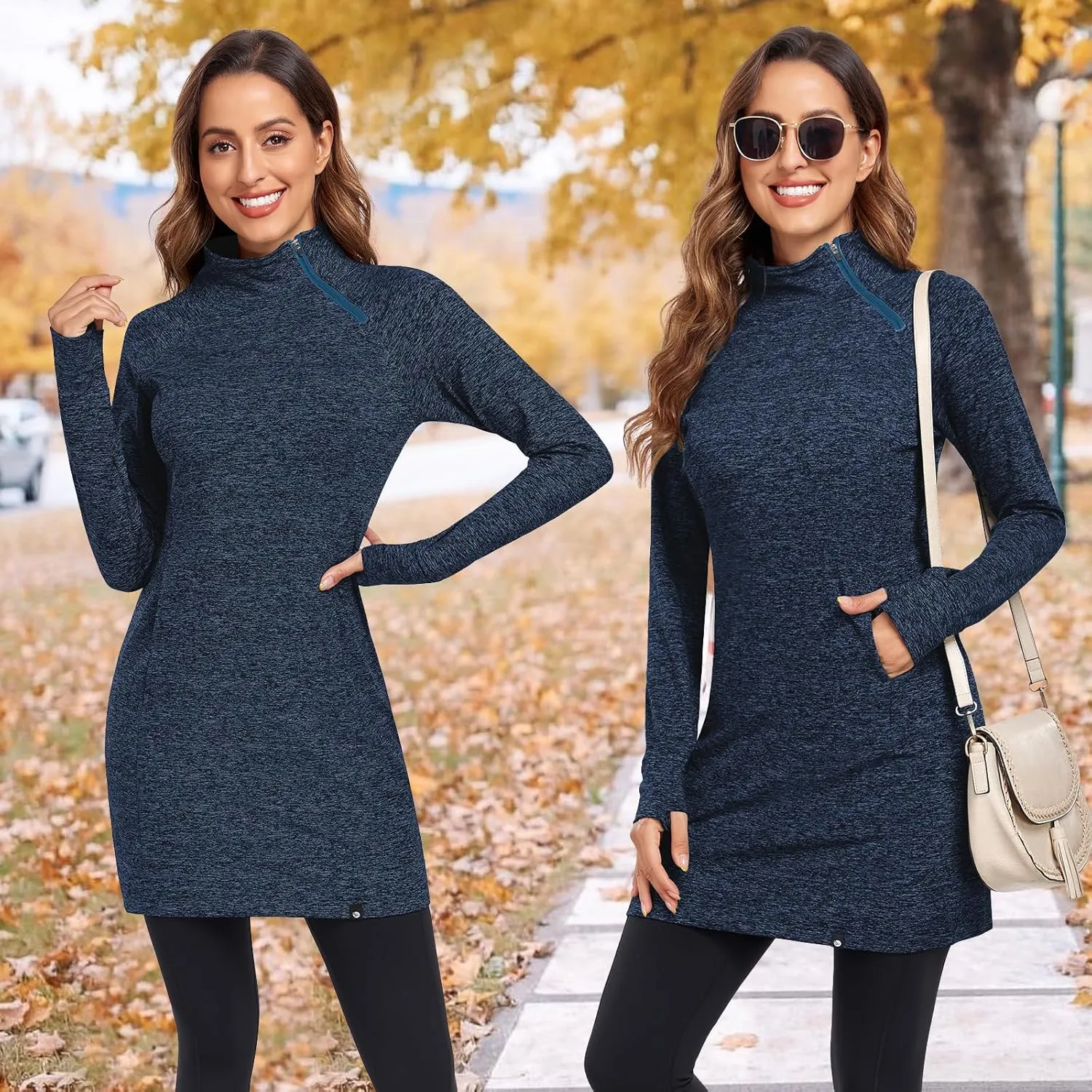 Soneven Women's Fleece Dress Running Thermal Sweatshirts Dresses Winter Skiing Athletic Pullover with Thumb Holes and Pockets