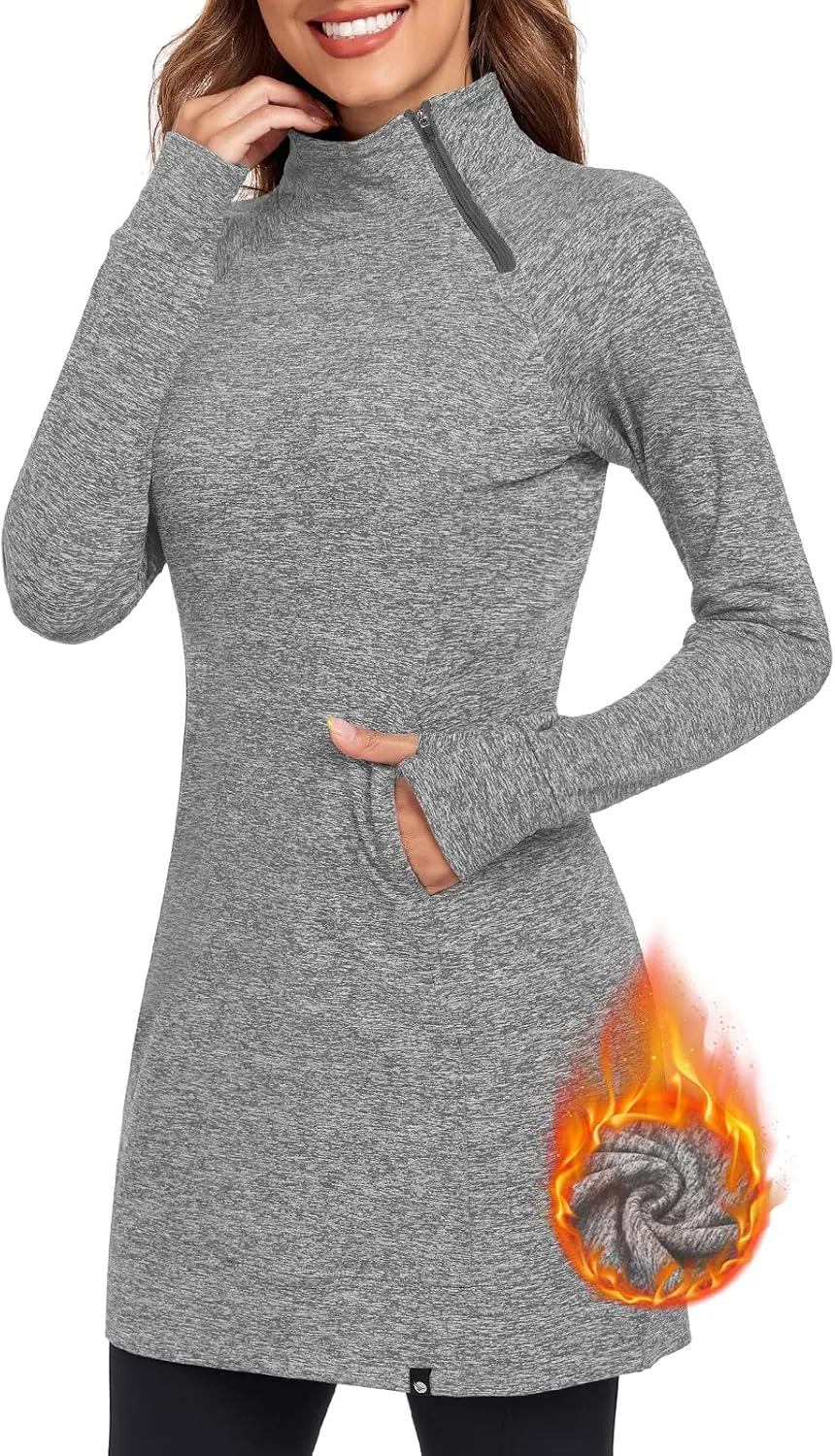Soneven Women's Fleece Dress Running Thermal Sweatshirts Dresses Winter Skiing Athletic Pullover with Thumb Holes and Pockets