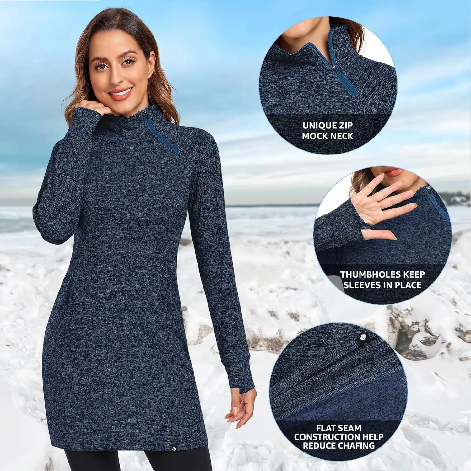 Soneven Women's Fleece Dress Running Thermal Sweatshirts Dresses Winter Skiing Athletic Pullover with Thumb Holes and Pockets