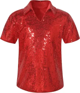 Spring&Gege Boys' Short Sleeve Sparkle Sequins Polo Shirts V-Neck Shiny T-Shirt (4-12 Years)