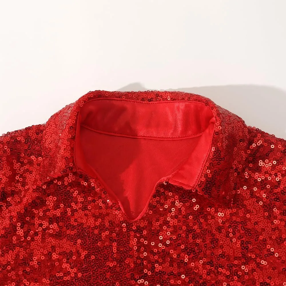 Spring&Gege Boys' Short Sleeve Sparkle Sequins Polo Shirts V-Neck Shiny T-Shirt (4-12 Years)
