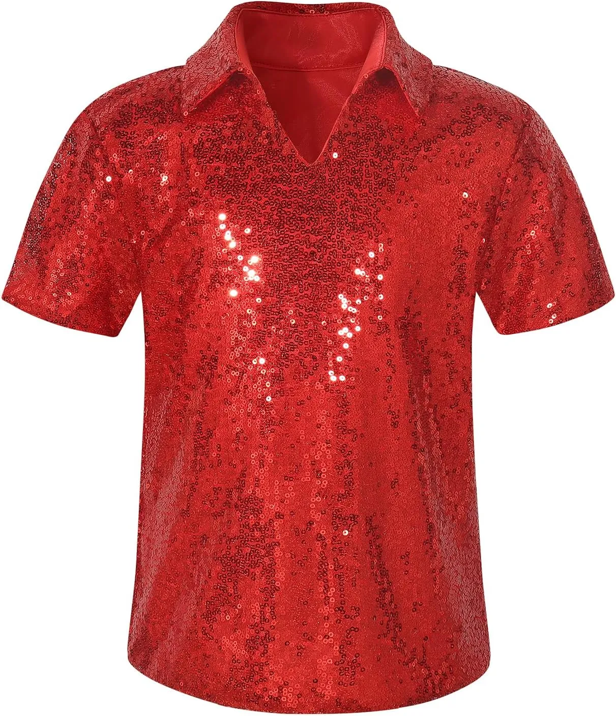 Spring&Gege Boys' Short Sleeve Sparkle Sequins Polo Shirts V-Neck Shiny T-Shirt (4-12 Years)